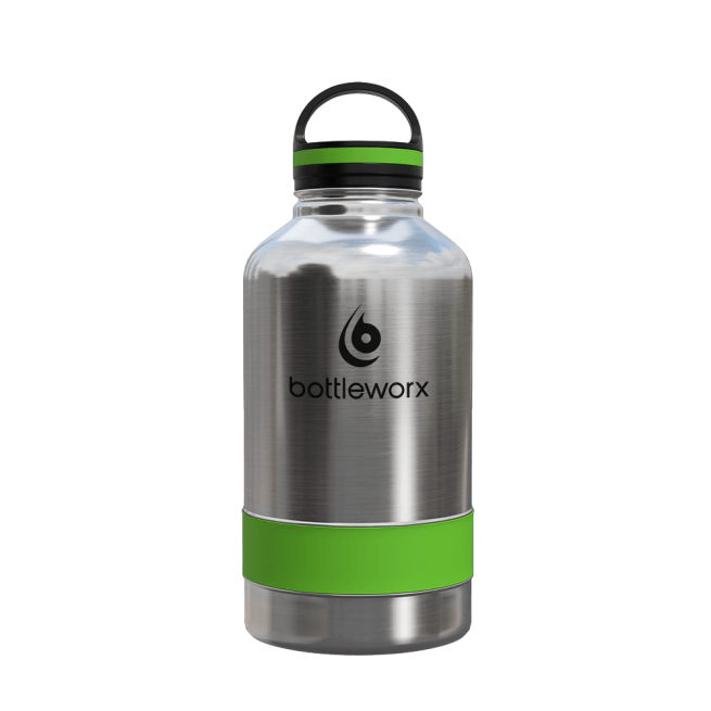 64oz insulated steel bottle with green band and clear lid