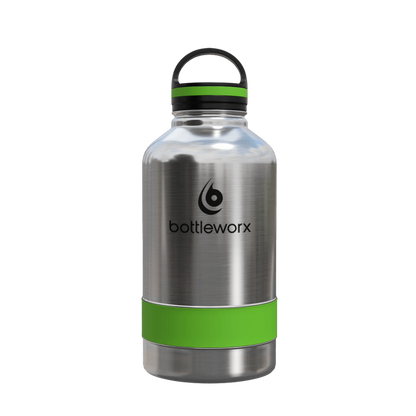 64oz insulated steel bottle with green band and clear lid