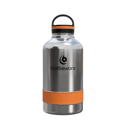 64oz insulated bottle with stainless steel finish and orange wrap band, flip-top lid