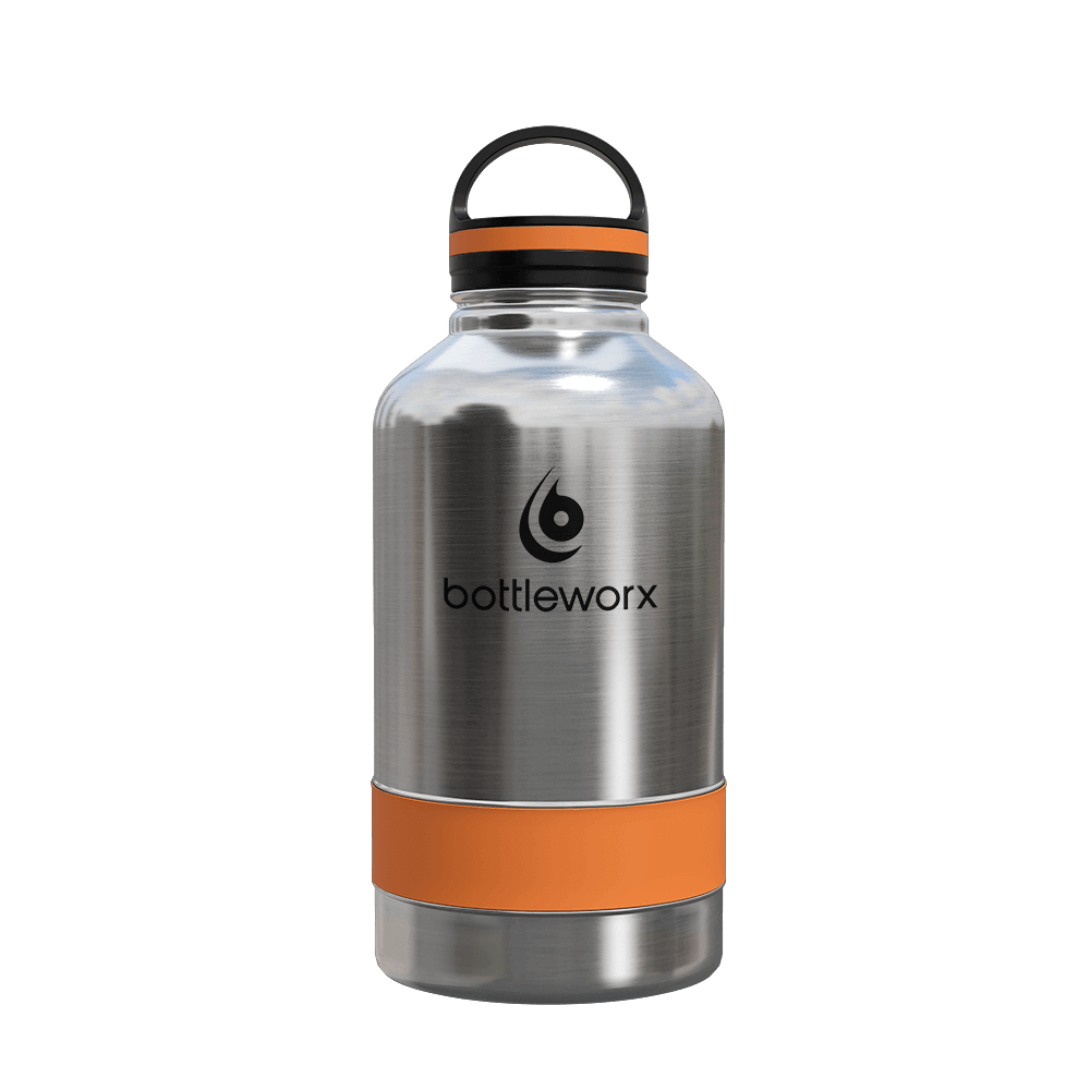 64oz insulated bottle, stainless steel with orange band and black lid