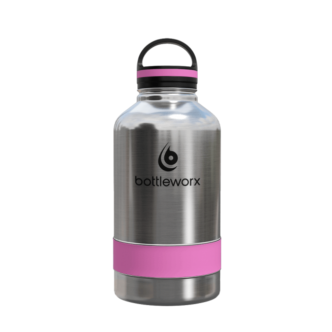 64oz insulated steel bottle with pink band and clear lid