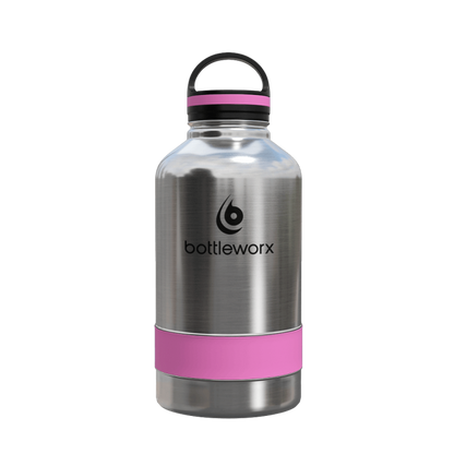 64oz insulated steel bottle with pink band and clear lid