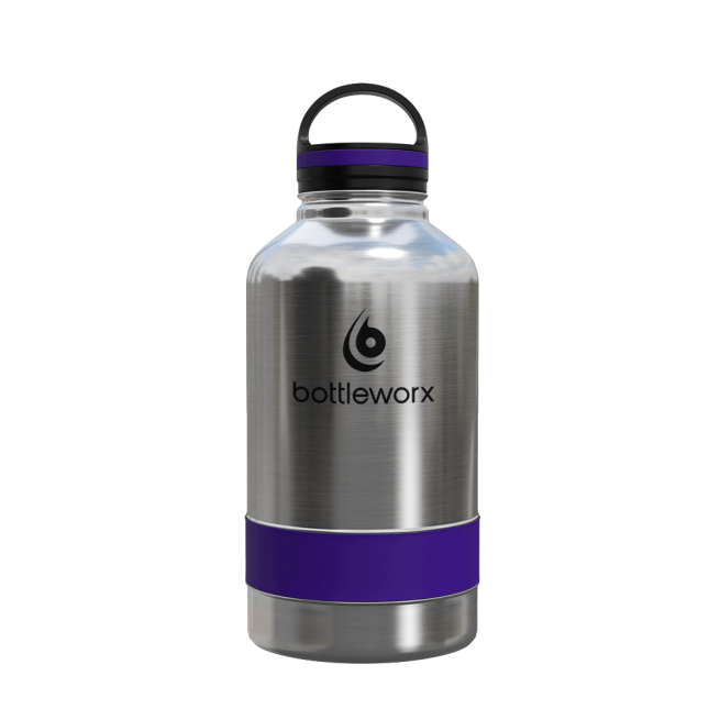 64oz insulated steel bottle with purple band and clear lid