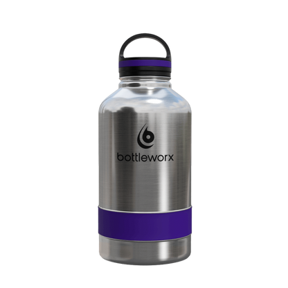 64oz insulated steel bottle with purple band and clear lid