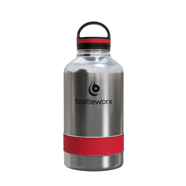 64oz insulated steel bottle with red band and clear lid