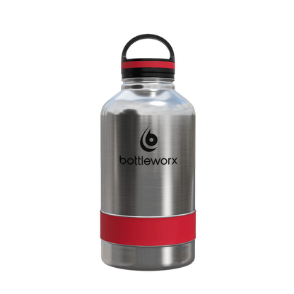 64oz insulated steel bottle with red band and clear lid