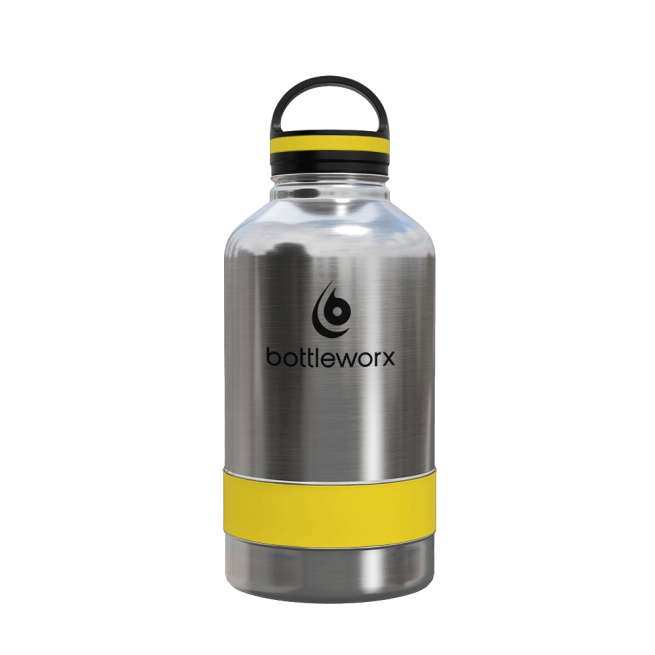 64oz insulated steel bottle with yellow band and clear lid