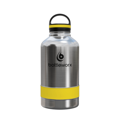 64oz insulated steel bottle with yellow band and clear lid