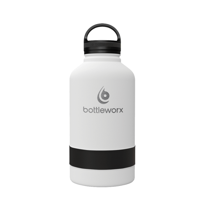 64oz insulated bottle, white body with black band and black lid