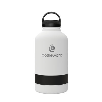 64oz insulated bottle, white body with black band and black lid