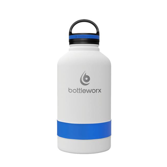 64oz insulated bottle with white finish and blue wrap band, flip-top lid