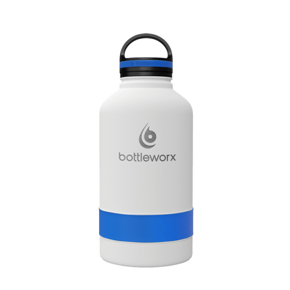 64oz insulated bottle with white finish and blue wrap band, flip-top lid