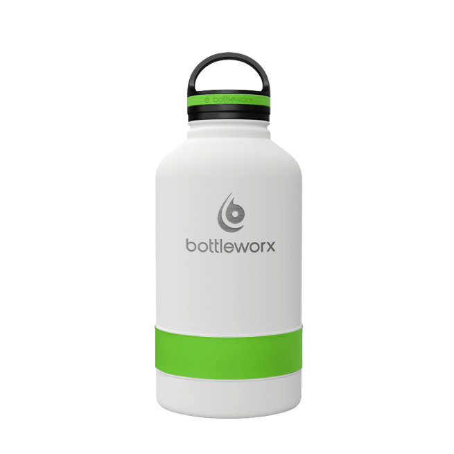 64oz insulated bottle with white finish and green wrap band, flip-top lid