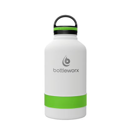 64oz insulated bottle with white finish and green wrap band, flip-top lid
