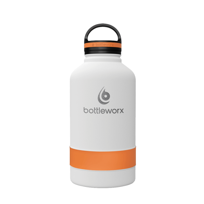 64oz insulated bottle with white finish and orange wrap band, flip-top lid