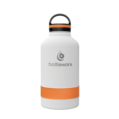 64oz insulated bottle with white finish and orange wrap band, flip-top lid