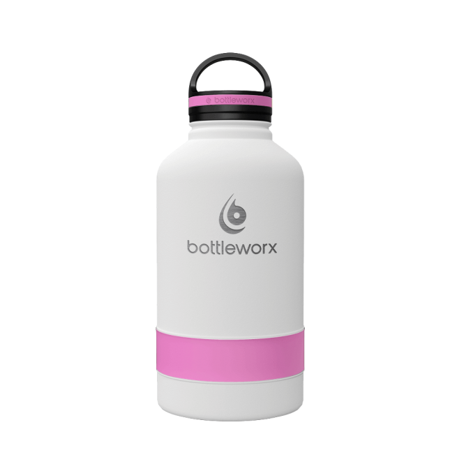 64oz insulated bottle with white finish and pink wrap band, flip-top lid