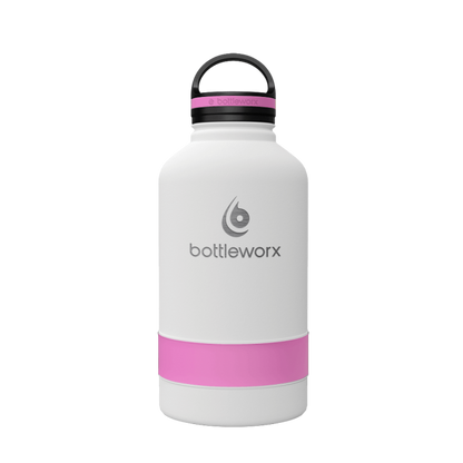 64oz insulated bottle with white finish and pink wrap band, flip-top lid