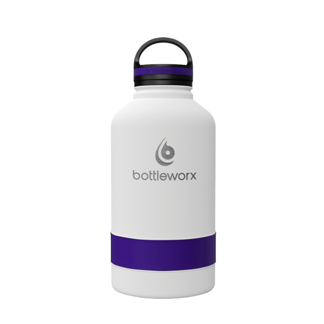 64oz insulated bottle with white finish and purple wrap band, flip-top lid