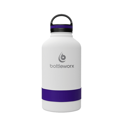 64oz insulated bottle with white finish and purple wrap band, flip-top lid