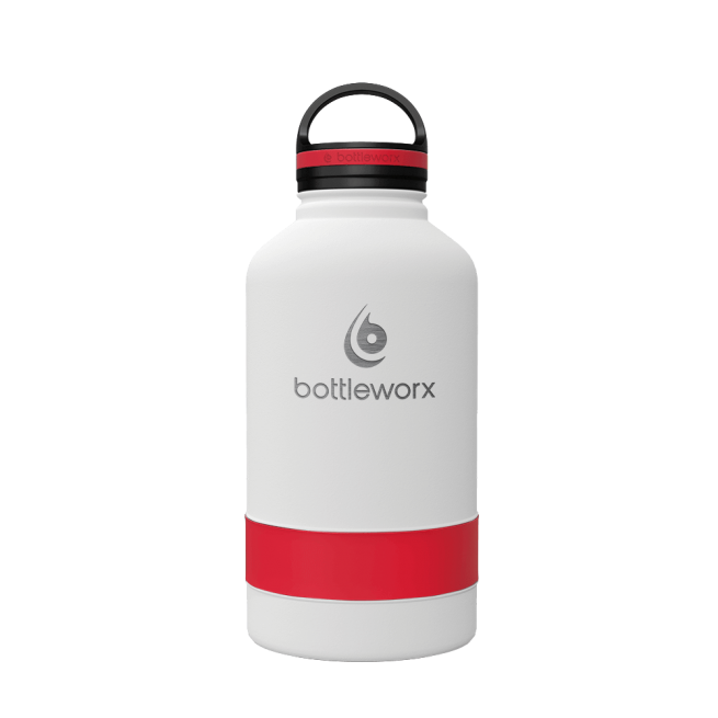 64oz insulated bottle with white finish and red wrap band, flip-top lid