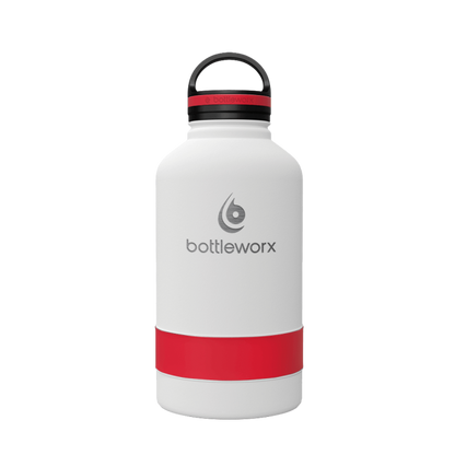64oz insulated bottle with white finish and red wrap band, flip-top lid