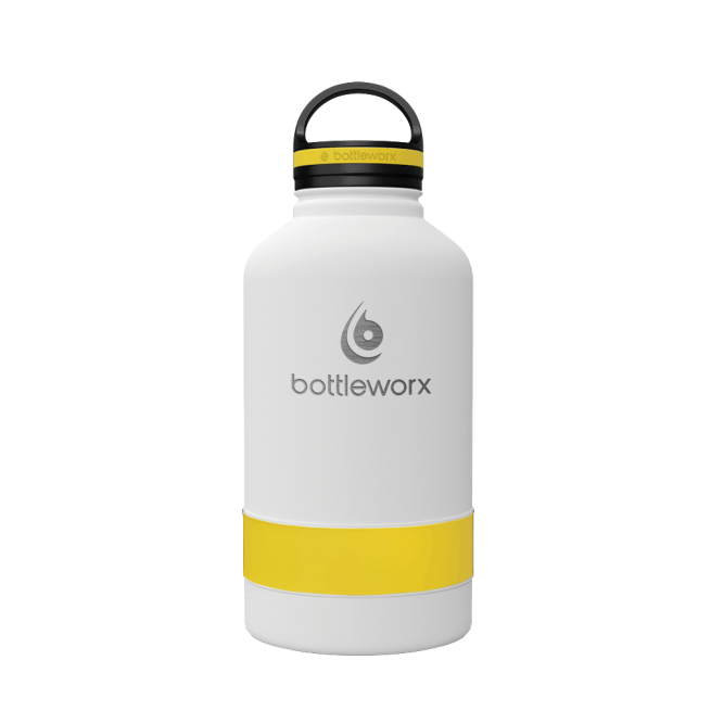 64oz insulated bottle with white finish and yellow wrap band, flip-top lid