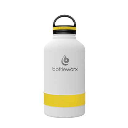 64oz insulated bottle with white finish and yellow wrap band, flip-top lid