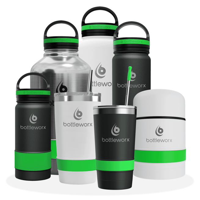 Assorted food storage jars and bottles with green bands, white and black finishes