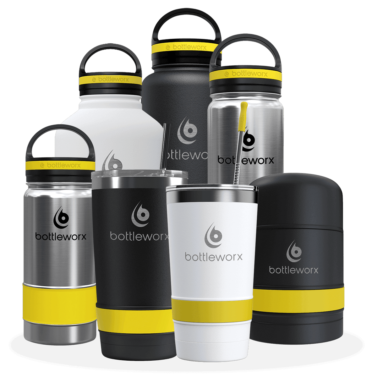 20oz tumbler set with mixed colors, featuring black, white, and silver bodies