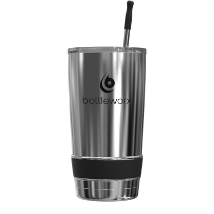20oz stainless steel tumbler with black straw and black base band