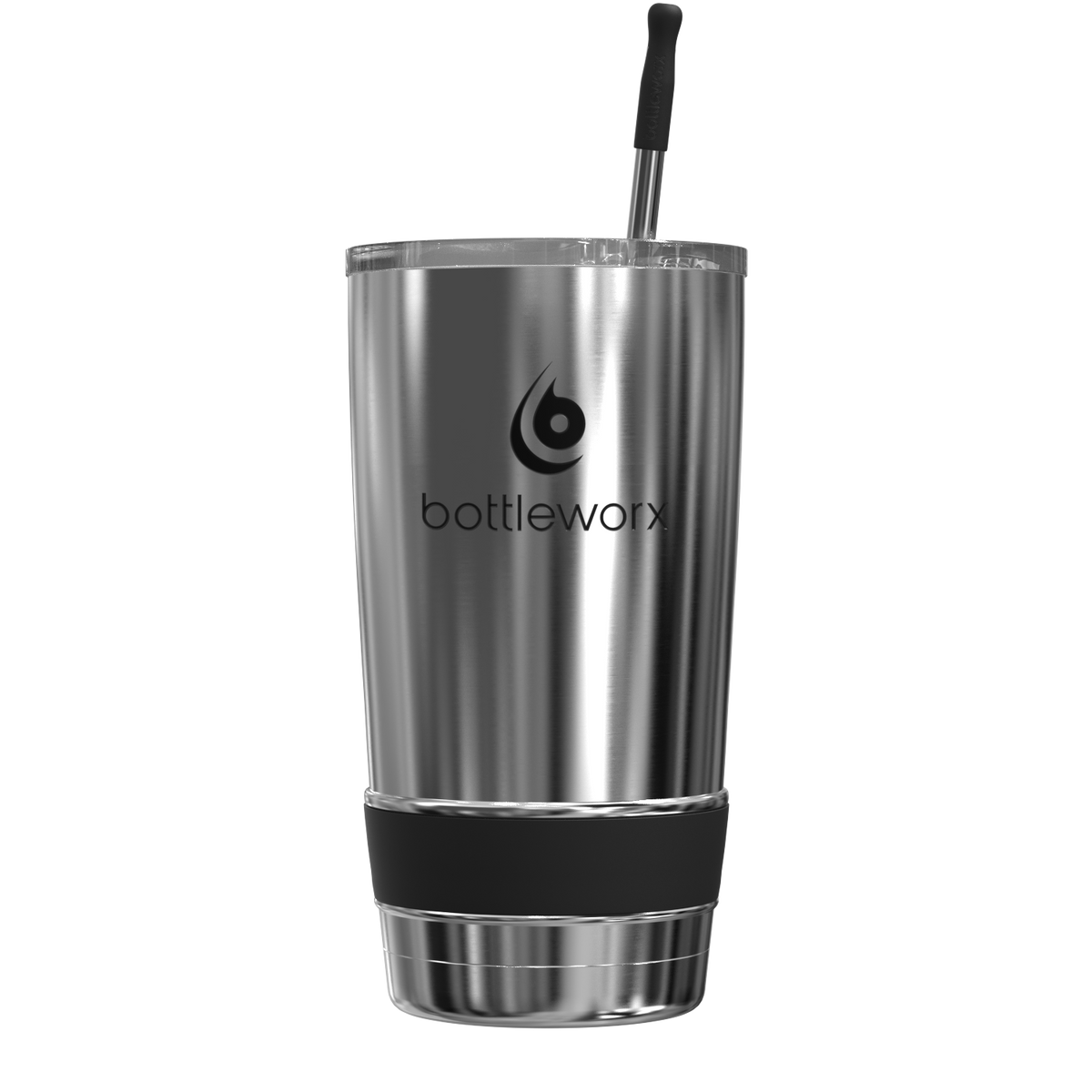 20oz tumbler, stainless finish with straw; bottleworx logo