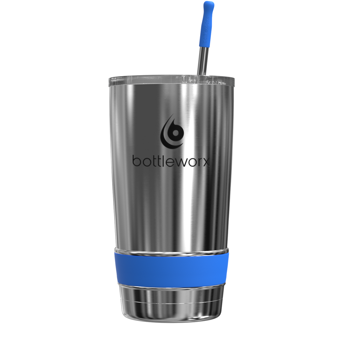 20oz stainless steel tumbler with blue straw and blue base band