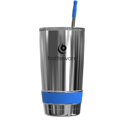 20oz stainless steel tumbler with blue straw and blue base band