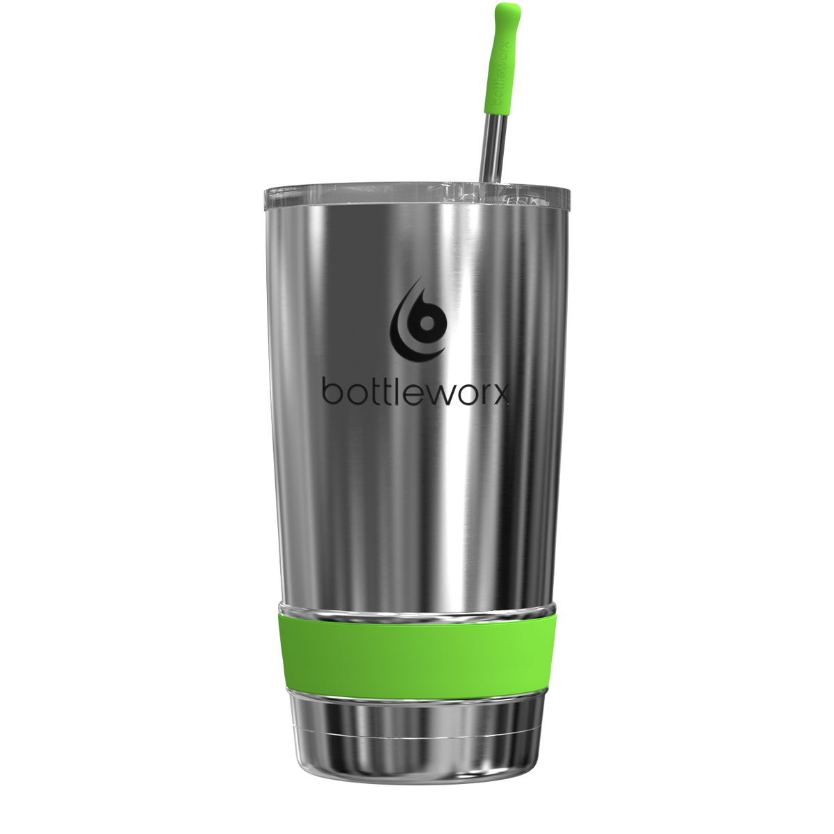 20oz stainless steel tumbler with green band and green straw