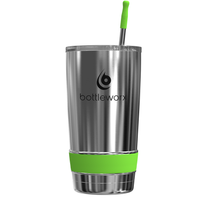 20oz stainless steel tumbler with green band and green straw