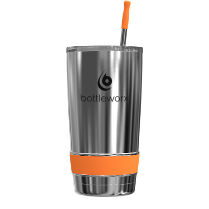 20oz stainless steel tumbler with orange straw and orange base band