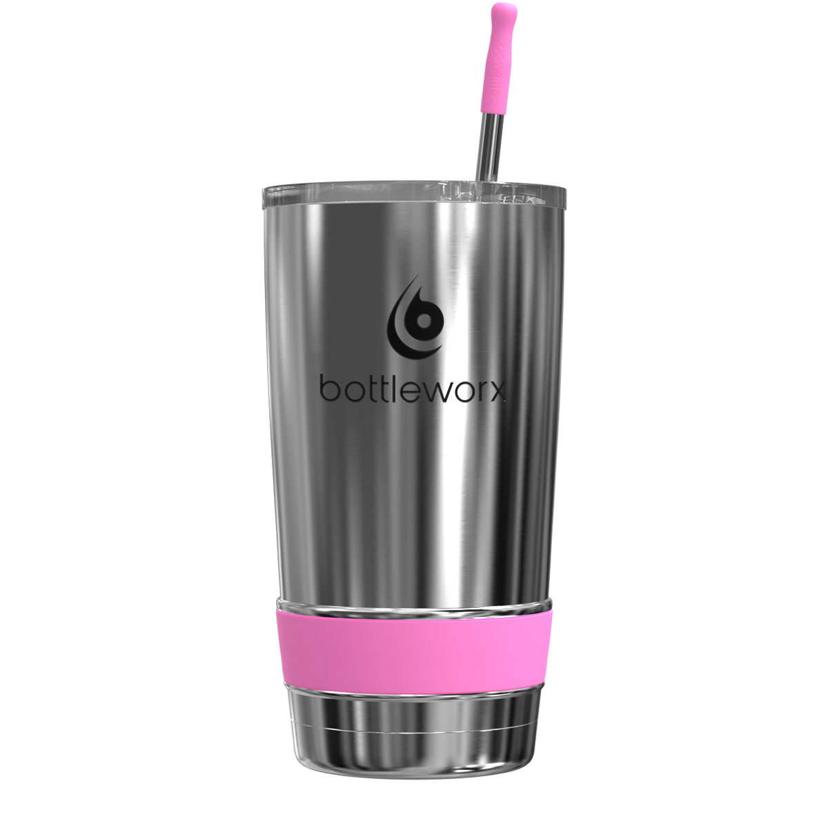 20oz stainless steel tumbler with pink straw and pink base band