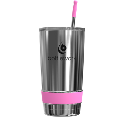 20oz stainless steel tumbler with pink straw and pink base band