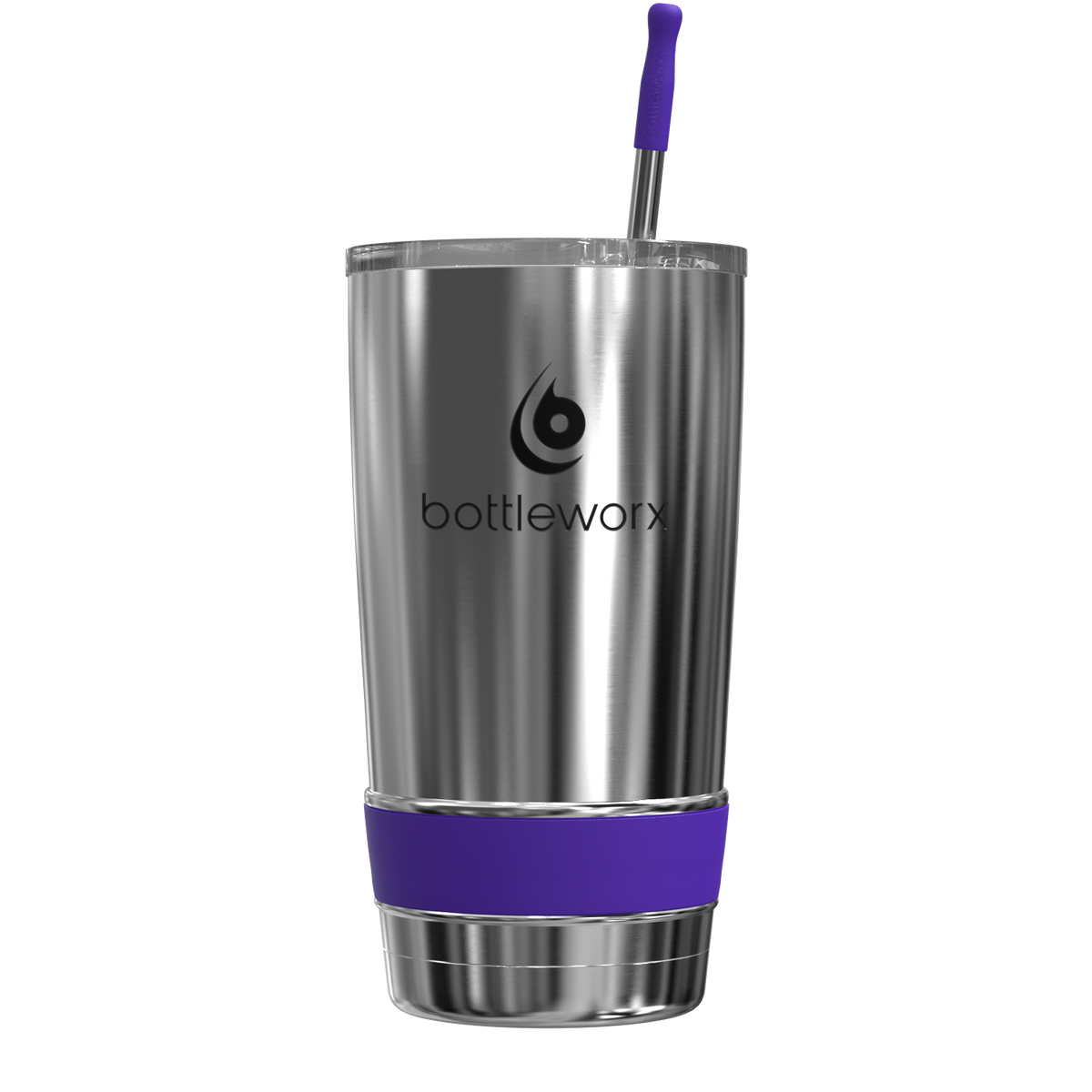 20oz stainless steel tumbler with purple straw and purple base band