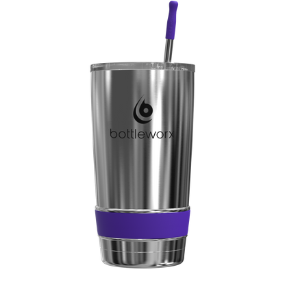 20oz stainless steel tumbler with purple straw and purple base band