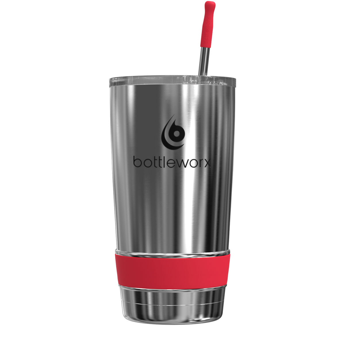 20oz stainless steel tumbler with red straw and red base band
