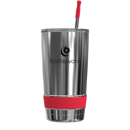 20oz stainless steel tumbler with red straw and red base band
