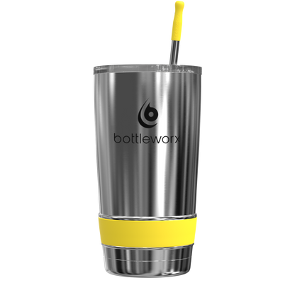 20oz stainless steel tumbler with yellow band and yellow straw