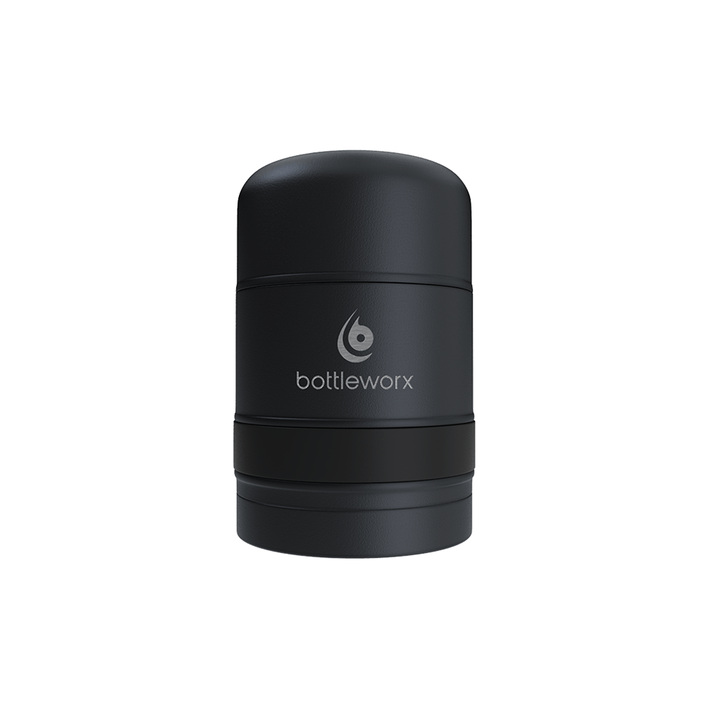 Food jar with black powder-coated body and no color band, bottlerwox logo