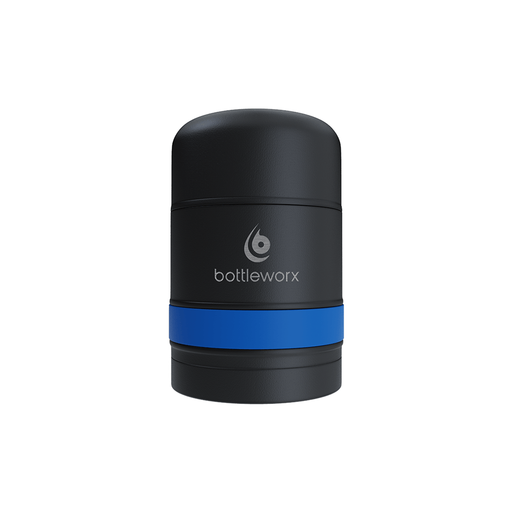 Food jar with black powder-coated body and blue band, bottlerwox logo
