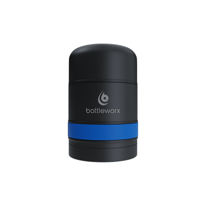 Food jar with black powder-coated body and blue band, bottlerwox logo