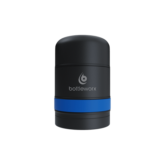 Food jar with black powder-coated body and blue band, bottlerwox logo