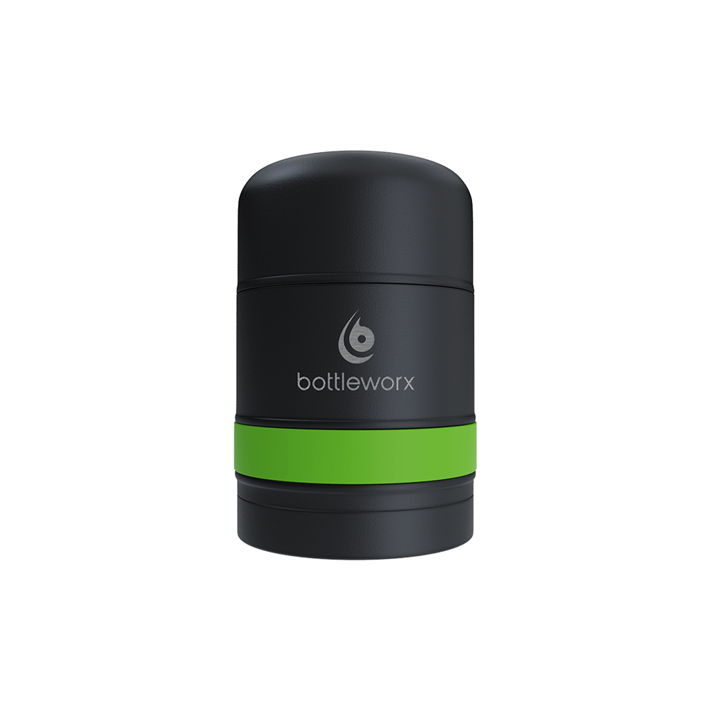 Food jar with black powder-coated body and green band, bottlerwox logo