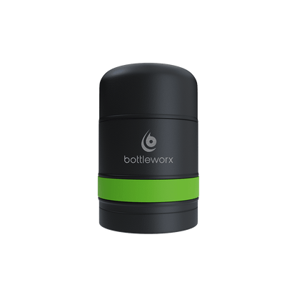 Food jar with black powder-coated body and green band, bottlerwox logo